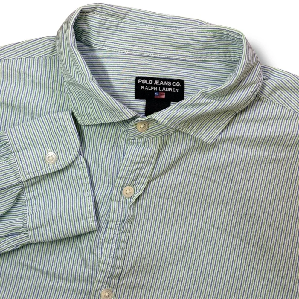 Vintage Polo Jeans Co Ralph Lauren Button Down‎ Mens XL Green Blue Striped